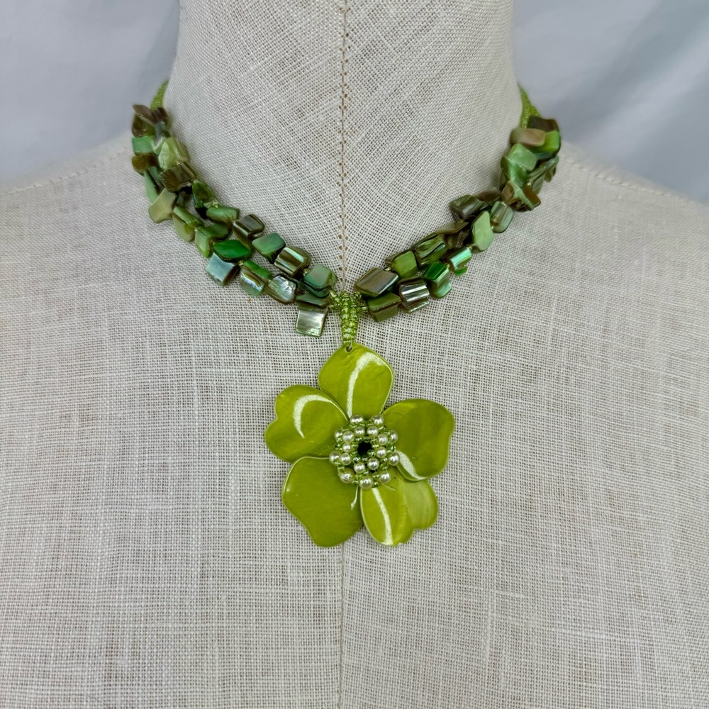 Green Flower Glass Necklace with Seed beads some acrylic Petite in size
